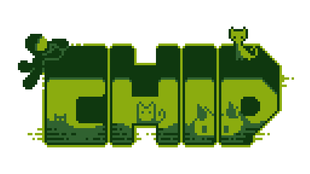Pixelated green block letters with cat motifs, containing playful feline elements.
