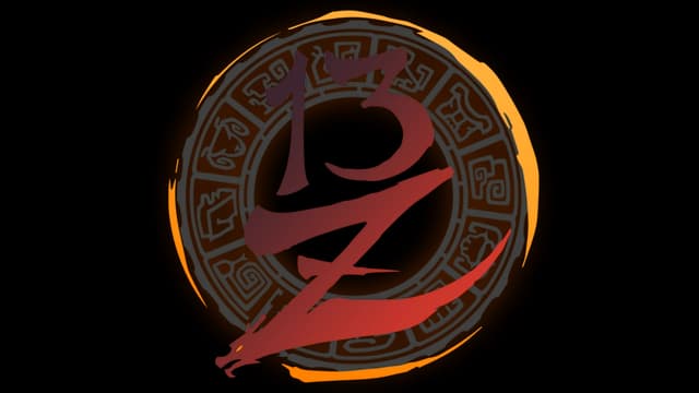 Stylized black and red numbers with swirling design, encircled by orange glyphs.