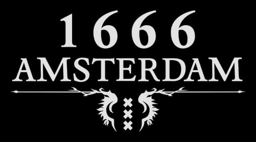 1666: Bold serif numerals above AMSTERDAM with glitch lines and mirrored wings icon.
