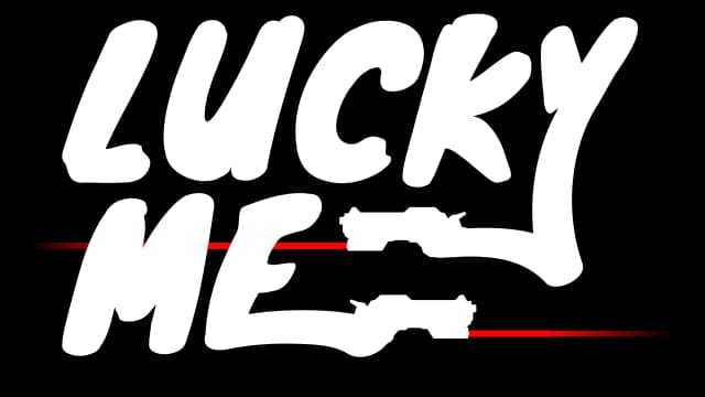 Stylized white brush font with red laser lines through gun shapes.
