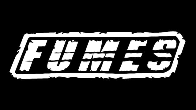 Stylized block letters with rugged edges, tire track, slight tilt effect.