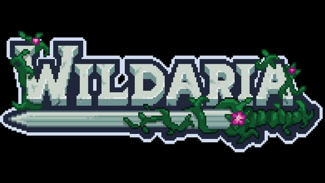 Pixelated font entwined with vines and flowers over a sword design.