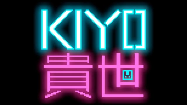 Neon, futuristic font; glowing blue and pink text; bunny icon in letter; Japanese characters.