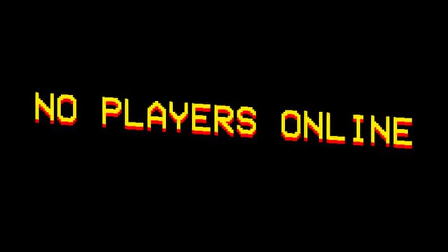 Blocky, pixelated text with red and yellow gradient effect.