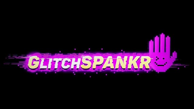 Pixelated font with a smiling hand icon, glitch effects, vibrant purple glow.