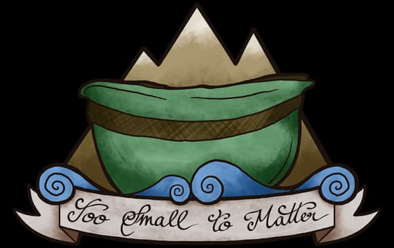 Stylized mountain, green hat, waves; ornate cursive on ribbon below.