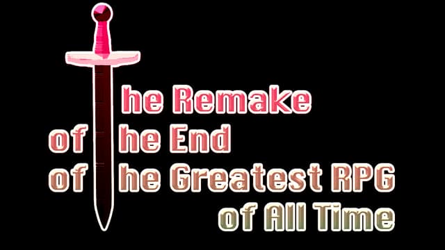 Sword and blocky red gradient create a nostalgic JRPG style with bold accents.
