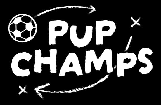 Playful, chalk-drawn letters with soccer ball and dynamic arrow accents.
