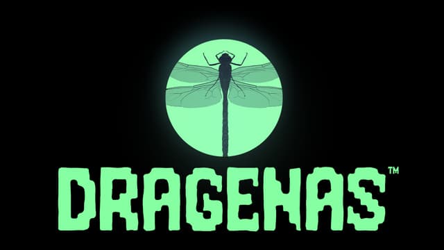 Stylized font with dragonfly silhouette, circular design, and subtle glow.