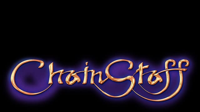 Curved, metallic script font with golden hues and elegant, swirling extensions. Purple glow.