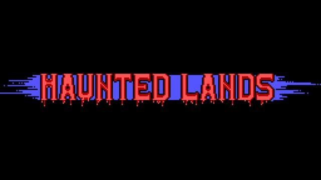 Red pixelated text with drips, blue motion blur effect.