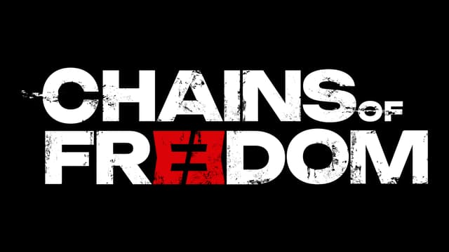 Bold, industrial font with distressed texture; red "E" resembles broken chains.