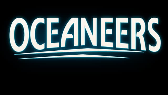 Curved, bold letters with a glowing outline and a wave-like underline.