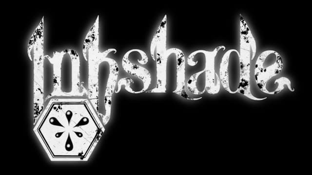 Gothic font with ink splatter effects and a hexagonal symbol with droplet symbols.