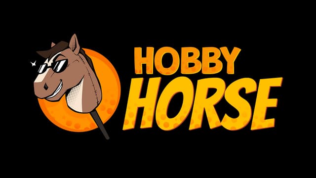 Bold, playful font with a tilted horse head wearing sunglasses. Bright, dynamic design.