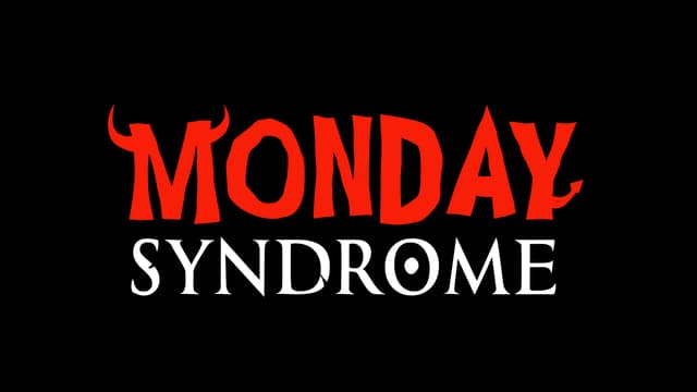 Bold red serif font with devilish horns on the 'M', playful yet daring.
