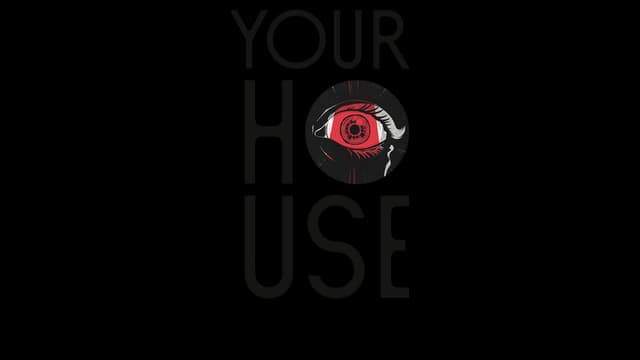 Bold block font with an eerie red eye forming the 'O', vertical text layout.