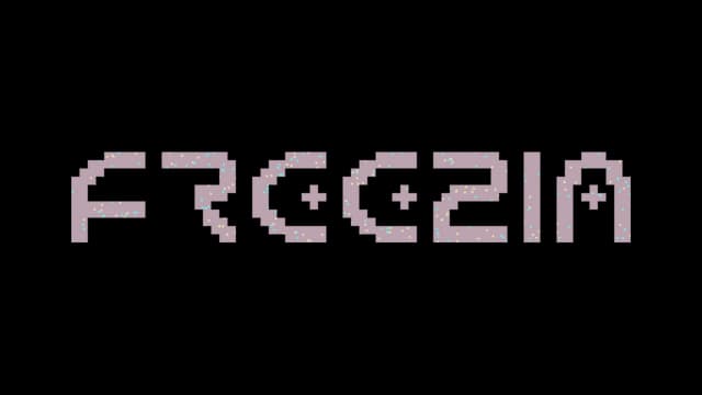Pixelated, geometric font with pastel confetti-like accents.