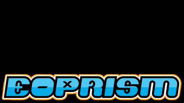 Bold, futuristic sans-serif font with 3D effect; blue gradient, thick orange outline.
