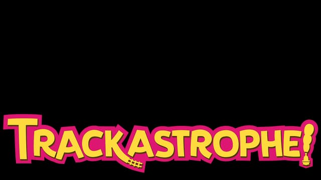 Yellow blocky font with playful curve; exclamation mark as smoke and train.