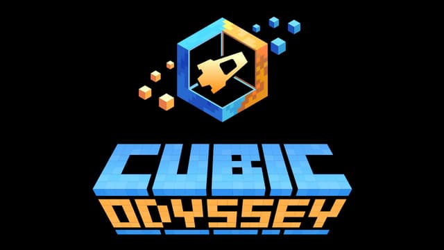 Blocky, pixelated font with 3D perspective and cube elements.