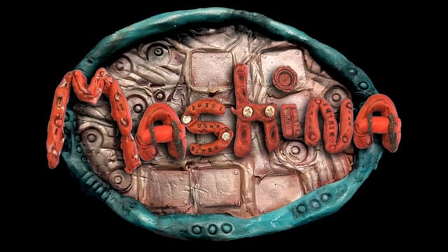 Clay-like letters with organic shapes and textures, surrounded by a detailed border.