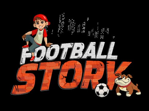 Cheerful cartoon style; "Football" blocky 3D, "Story" brick texture with soccer accents.