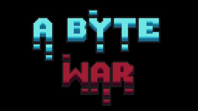 Pixelated block font has a digital drip effect in blue and red tones.