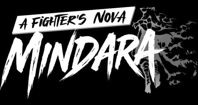 A Fighter’s Nova: White brush-script text with red slash underline, flame silhouette icon.