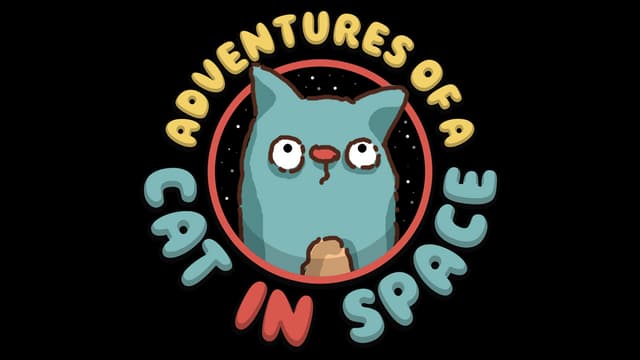 Cartoon cat with big eyes in center, bold rounded text surrounds it.