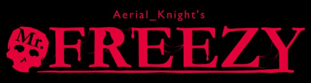 Aerial_Knight’s MrFreezy: Bold slab-serif text with scanline glitch and skull icon.