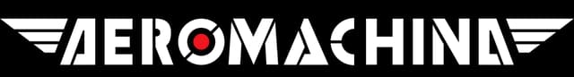 AEROMACHINA: Bold blocky sci-fi wordmark with wing motifs and red target O.