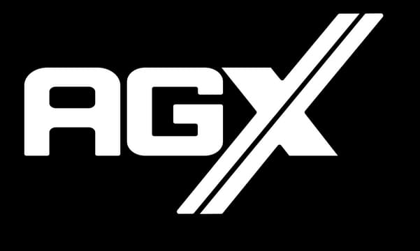 AGX GP: Bold rounded sci-fi lettering, oversized X with twin diagonal speed stripes.