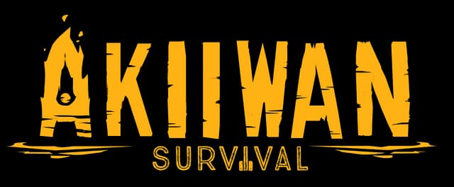 Akiiwan: Bold distressed block letters with cracks, ember glow, and “SURVIVAL” below.