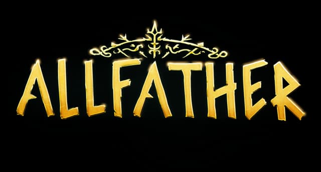 ALLFATHER: Jagged runic gold lettering with beveled shine and ornate crest above.