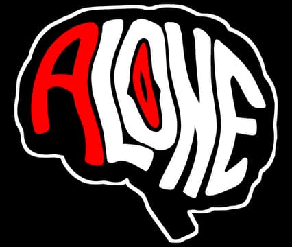 ALONE: Warped brain-shaped wordmark, red A and slit O, thick white outline.