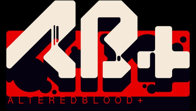 ALTEREDBLOOD+: Chunky angular stencil lettering with drips, bold red bar, plus icon.