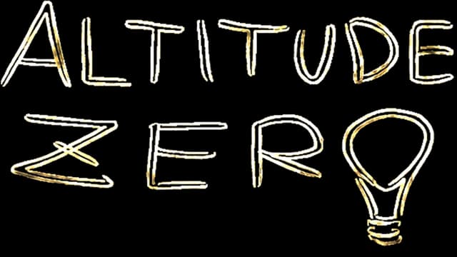 Altitude Zero: Scratchy neon-outline lettering with glow, balloon icon replaces O.