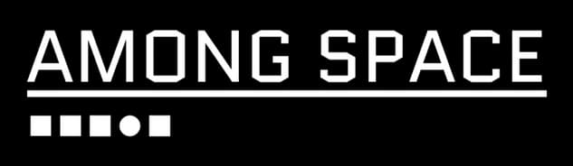 Among Space: Wide sci-fi sans lettering with cut corners, underline rule, dot blocks icon.