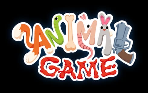Animal Game: Rounded cartoon letters with animal faces, thick outline, sticker effect.