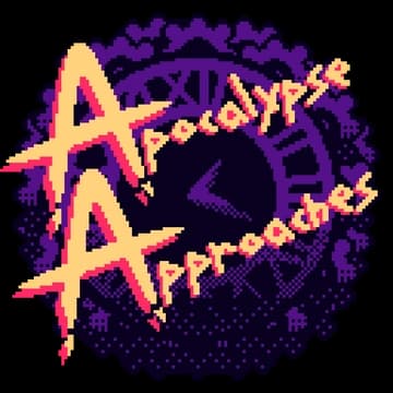 Pixelated yellow font with purple clock silhouette, dynamic slanted text style.