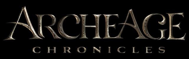 ArcheAge Chronicles: metallic beveled serif letters with worn stone texture and shine.