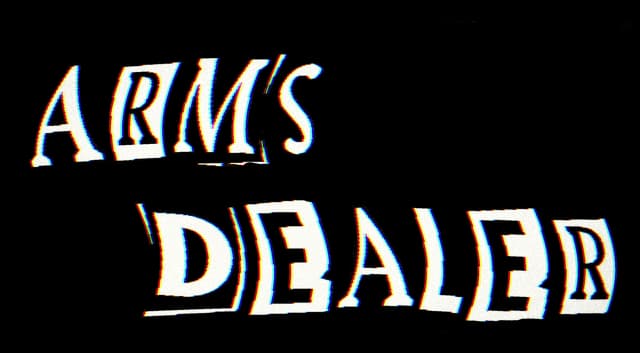 Arms Dealer: Cutout ransom-note lettering with warped perspective and RGB glitch outlines.
