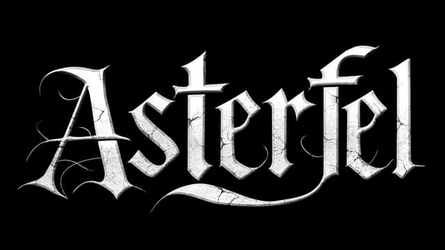 Asterfel: Gothic serif wordmark with cracked stone texture and sweeping tail flourish.