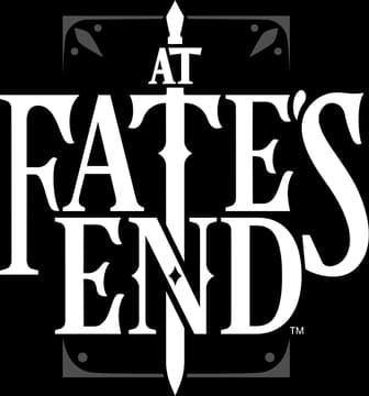 At Fate’s End: Bold serif letters with sword-shaped cross, framed by ornate lines.