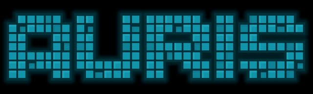 Auris: Chunky pixel-block letters with grid fill and thick neon outline glow.