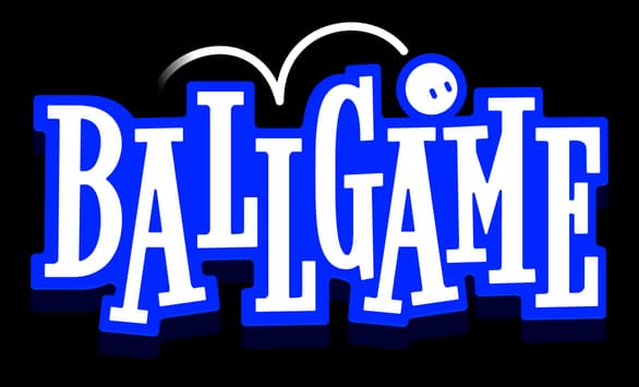 Ballgame: Bold retro serif letters with thick outline, deep drop shadow, bouncing arc mark.