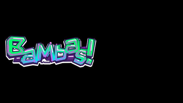 Graffiti-style font with bold outlines and vibrant green and purple colors.