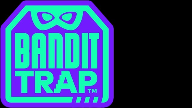 Bold blocky font with slanted corners; stylized mask above text.