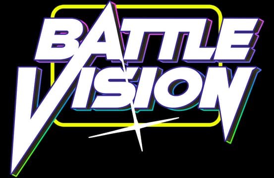 Battle Vision: Bold italic block letters with neon outlines and a diagonal slash flare.